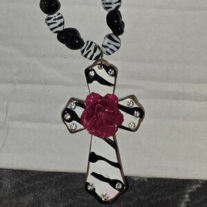 Zebra Cross & Pink Flower Necklace & Earring Set